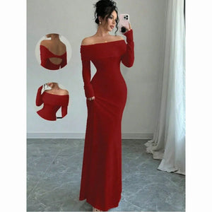 Elegant Fitted Long Sleeve Cinched Waist Double Layer Off-Shoulder Backless Twist Fishtail Hem Ribbed Knit Dress, White, Autumn/Winter Maxi Women Outfit - Rozzlux