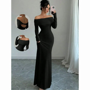 Elegant Fitted Long Sleeve Cinched Waist Double Layer Off-Shoulder Backless Twist Fishtail Hem Ribbed Knit Dress, White, Autumn/Winter Maxi Women Outfit - Rozzlux