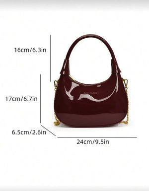 1pc Solid Color Glossy Patent PU Leather Shoulder Bag, Women's Fashion Underarm Crossbody Crescent Bag With Ancora Red Letter, Top Handle, Metal Zipper Closure, Metal Chain Shoulder Strap - Rozzlux