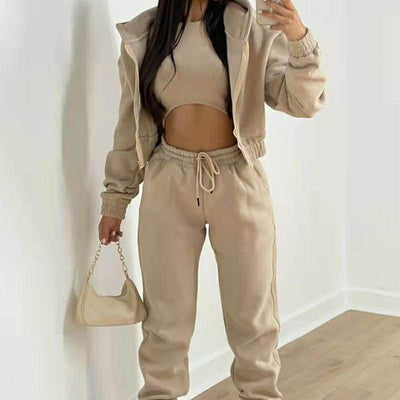 3-Piece Set: Casual Loose Fit Drop Shoulder Zip-Up Hoodie, Drawstring Waist Sweatpants, And Cropped Tank Top - Rozzlux