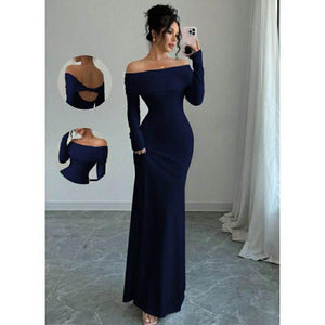 Elegant Fitted Long Sleeve Cinched Waist Double Layer Off-Shoulder Backless Twist Fishtail Hem Ribbed Knit Dress, White, Autumn/Winter Maxi Women Outfit - Rozzlux