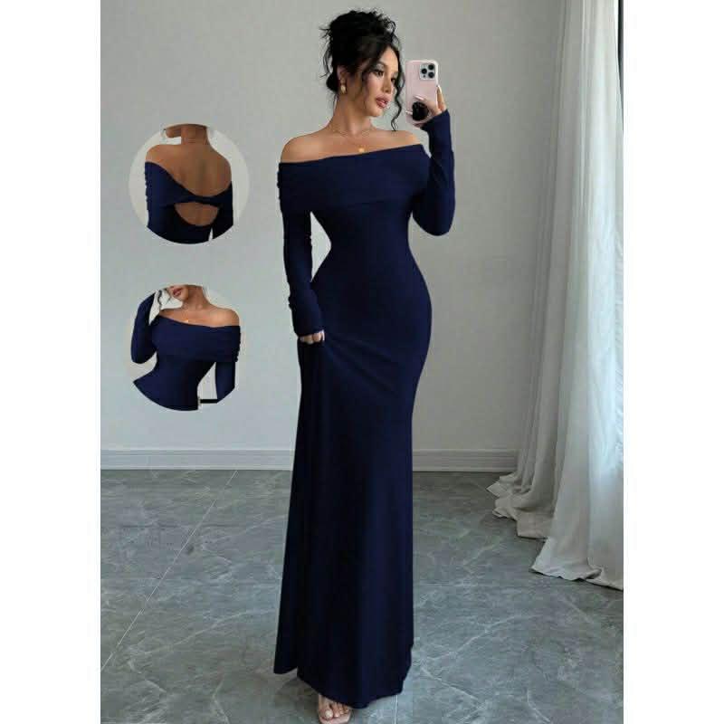 Elegant Fitted Long Sleeve Cinched Waist Double Layer Off-Shoulder Backless Twist Fishtail Hem Ribbed Knit Dress, White, Autumn/Winter Maxi Women Outfit - Rozzlux